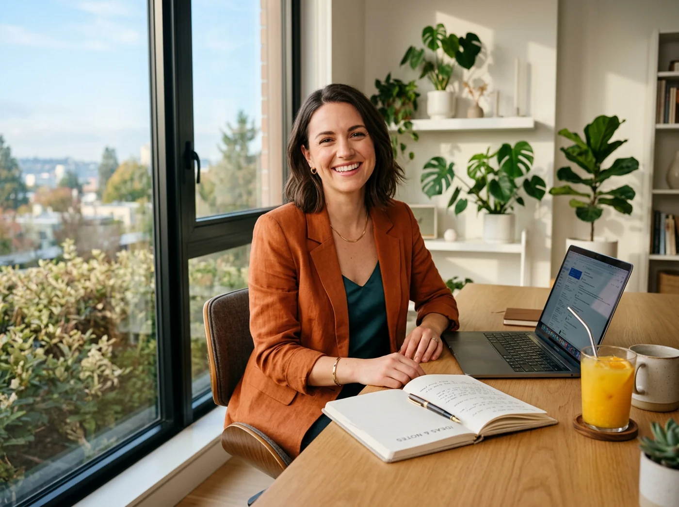 Energized professional working with focus at a bright desk in the morning light