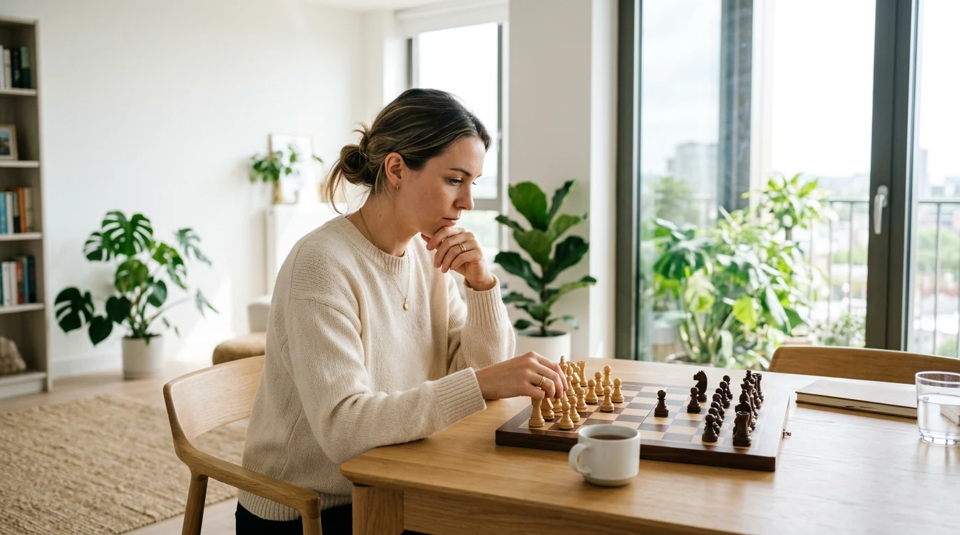 Woman focused on a game of chess, representing mental clarity and concentration