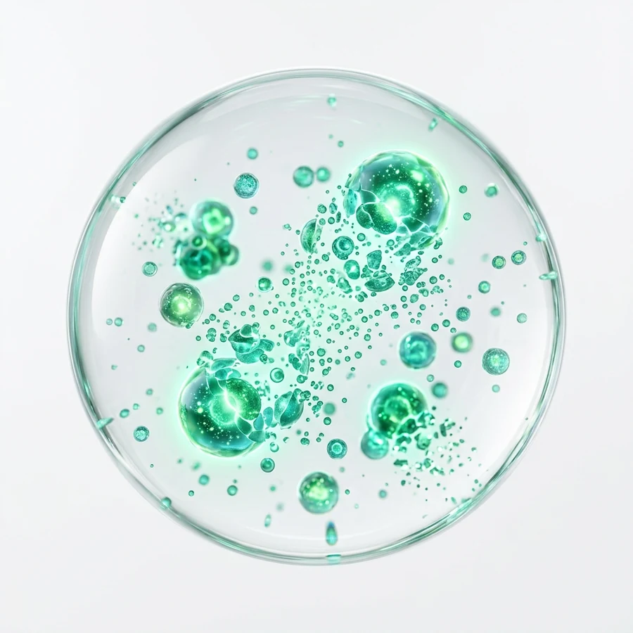 Illustration of nano-sized particles breaking down into smaller particles inside a liquid droplet